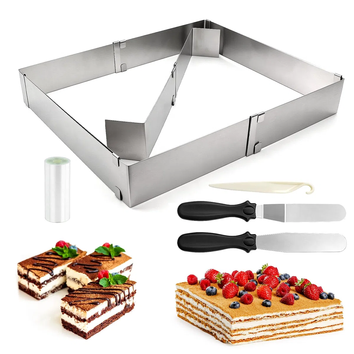 Cornice per dolci rettangolare regolabile, Stampo torta rettangolare in acciaio inox, stampi per dolci con divisorio, spatola, sac à poche e beccucci, anello per torte rettangolare per dolci e dessert