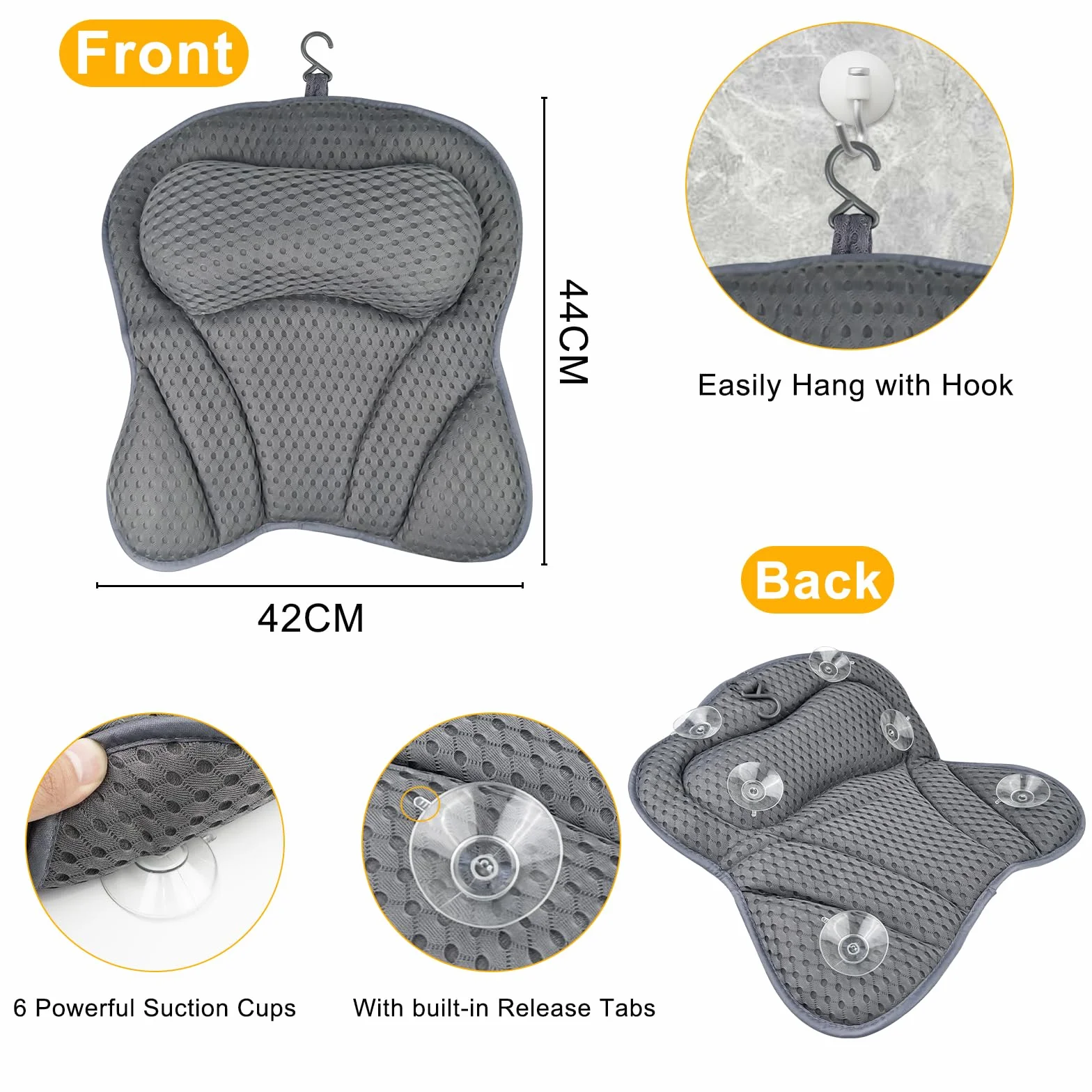 Chiluxendo Cuscino Vasca da Bagno, Spa Tappeto per Vasca da Bagno con Cuscino Antiscivolo Ventose, Imbottitura per Vasca da Bagno, Poggiatesta Cervicale con Tecnologia 4D Air Mesh e 6 Ventose (Grigio)