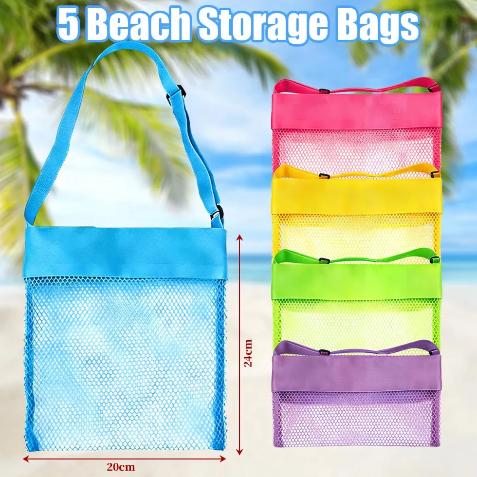 Borsa Giochi Mare, 5 PCS Borsa Giochi Spiaggia Bambini, Borsa a Tracolla Regolabile Rete Porta Giochi Spiaggia, per Riporre Giocattoli e Conchiglie in Spiaggia