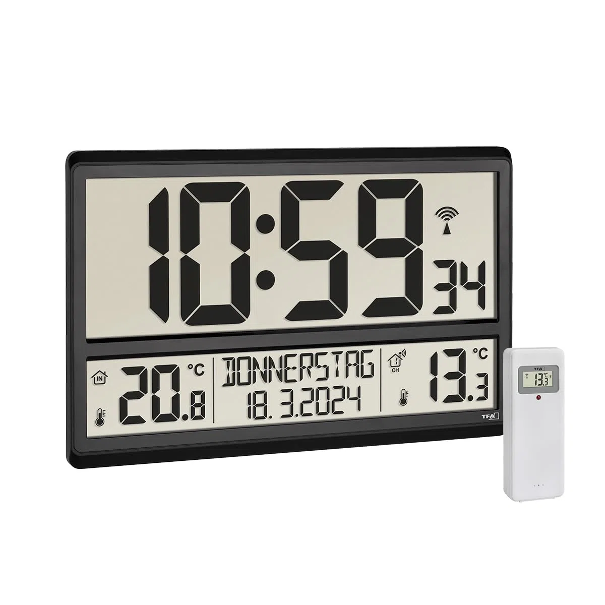 TFA Dostmann Orologio Radiocontrollato da Parete, Digitale XL, 60.4521.01, Temperatura Esterna e Interna, con sensore esterno, Giorni Settimana, 8 Lingue, Grande, Nero 360 x 235 x 28, 84