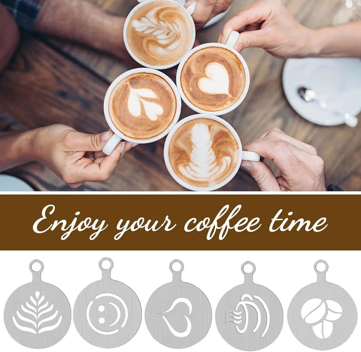 5 stencil per caffè in acciaio inox, cappuccino, barista, stencil per decorazione del cacao, accessori per il caffè fai da te