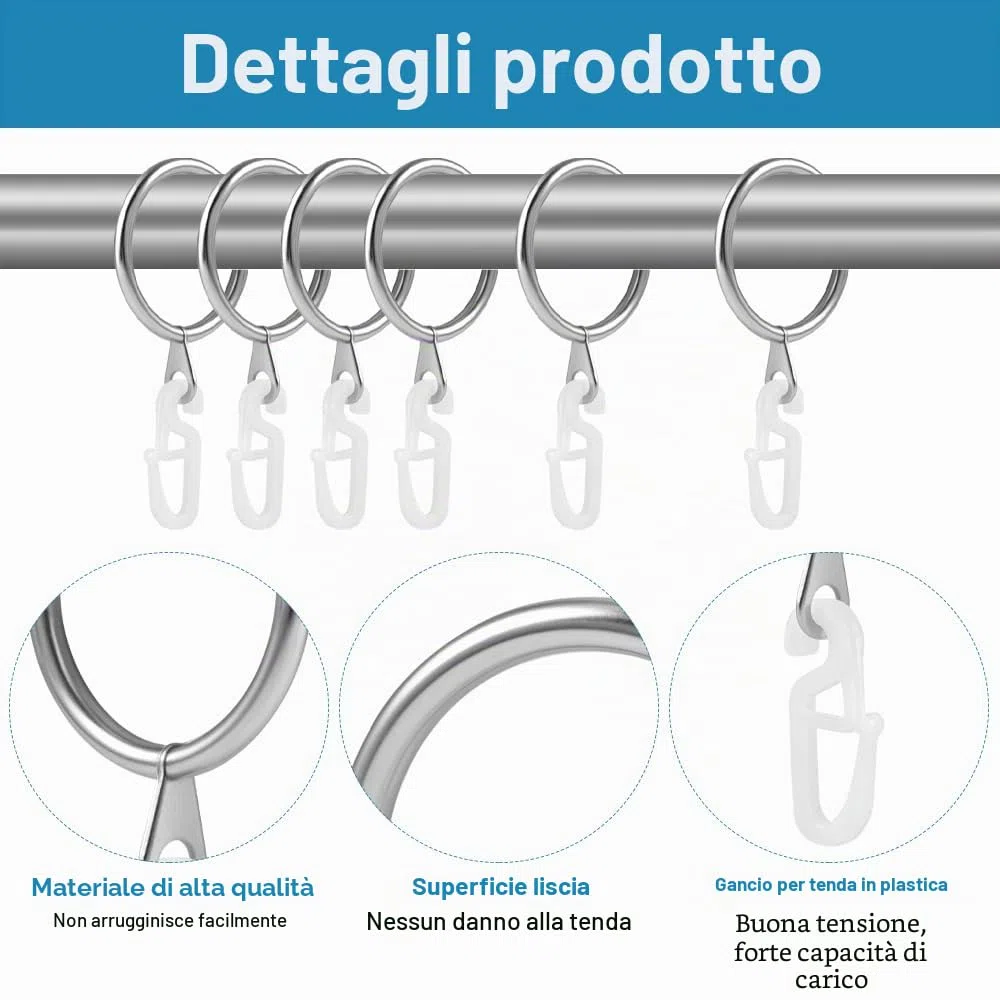 50 Pezzi Anelli Per Tende In Metallo, 30mm Anelli Per Tenda con 50 Ganci, Acciaio Inossidabile, Per Finestre, Porte, Tenda Da Doccia Per Binari,Casa, Bagno, Camera da Letto, Porte Finestre (argenteo)