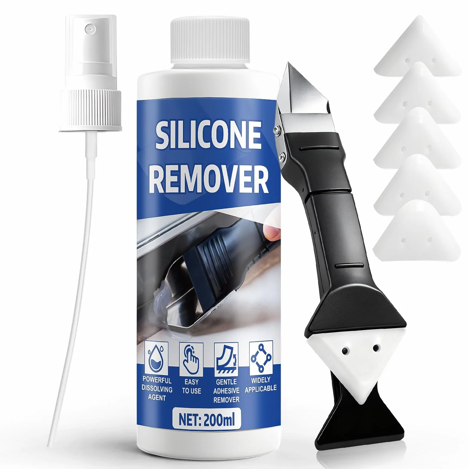 Miioto Rimuovi Colla, Rimuovi Silicone, Togli Silicone con Raschietto, Senza Residuo Rimuovi Etichette, Sciogli Silicone per Bagni, Cucine e Automobili (200ml)