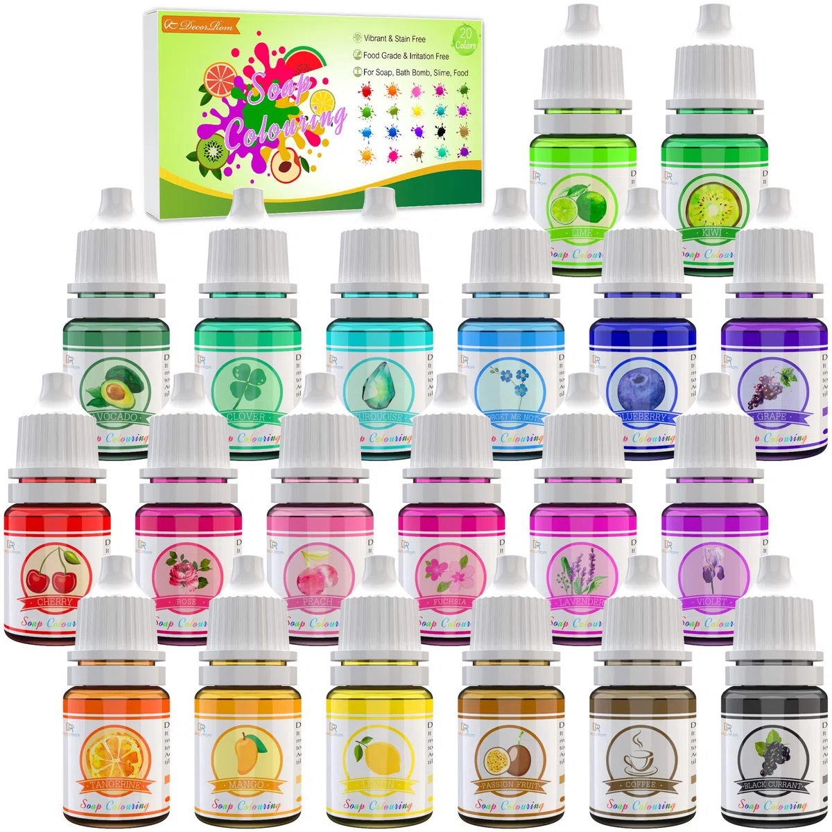 20 Coloranti per Bombe da Bagno per Produzione di Sapone Artigianali - Liquido Concentrato fai da te, Slime, Creazioni - Flaconi di 6ml