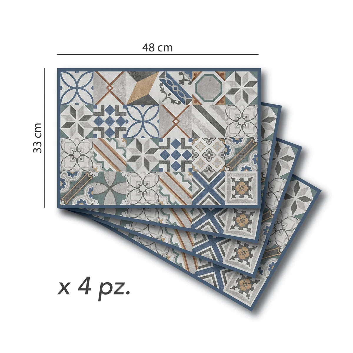 CREARREDA Tovagliette all'Americana Blue Tiles, set di 4 tovagliette colazione in PVC, 48x33 cm, antiscivolo, lavabili, resistenti allo sporco, resistenti al calore, made in italy