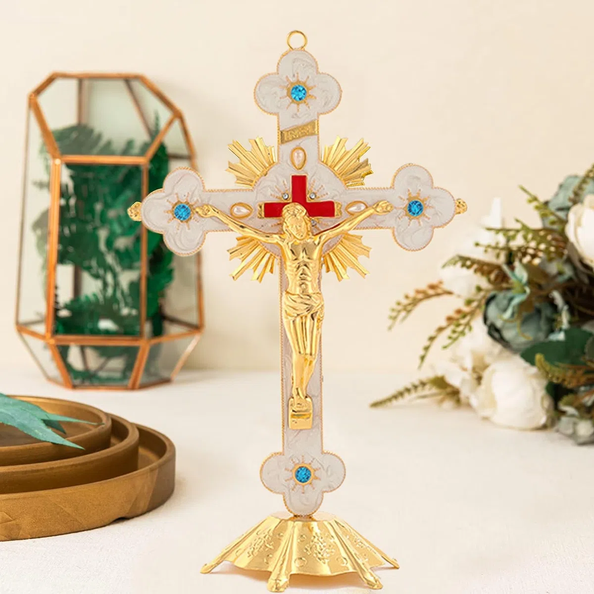 Syfunlv Croce in Metallo, Croce di Gesù Cristo, 13 x 8 x 21 cm, Oro, con Supporto da Tavolo, Classico, Religioso, Indoor, Outdoor, Regalo, Decorazione