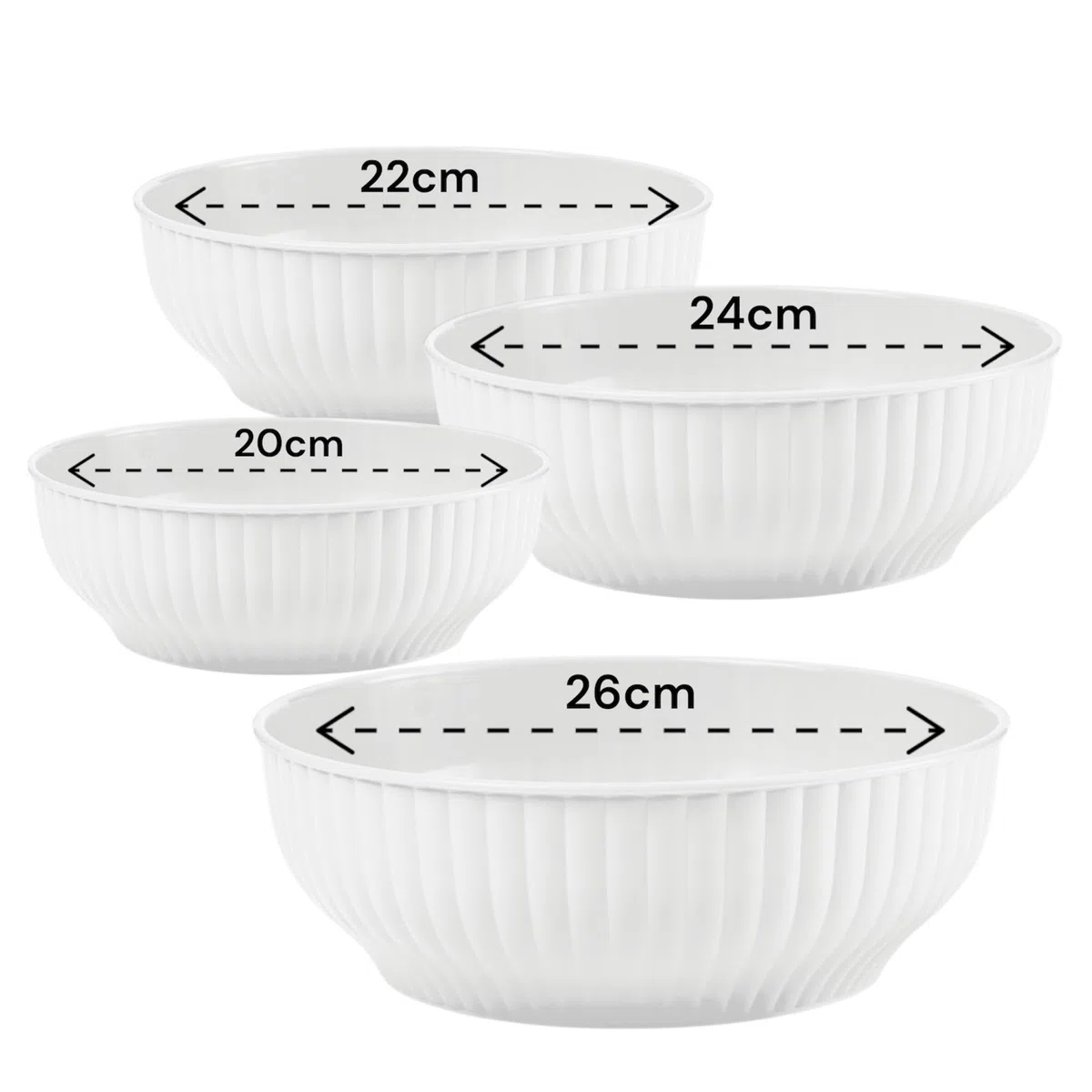 Generico Insalatiera in Plastica Costolata, Set 4 Ciotole da Cucina, 20cm 22cm 24cm 26cm, Bacinella per Insalate e Preparazioni (Bianco, 20/22/24/26cm)