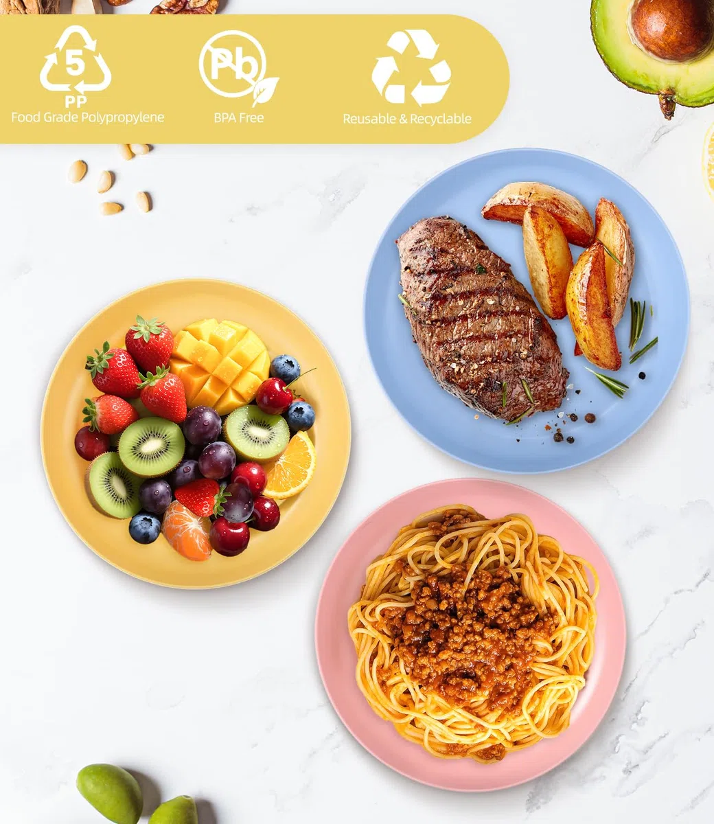 6 Pezzi Piatti in Plastica da 22.5cm/9 inch, Infrangibili Piatti da Campeggio, Piatti Plastica Rigida Lavabili e Riutilizzabili per Insalata, Pasta, Casa, Microonde e Lavabili in Lavastoviglie