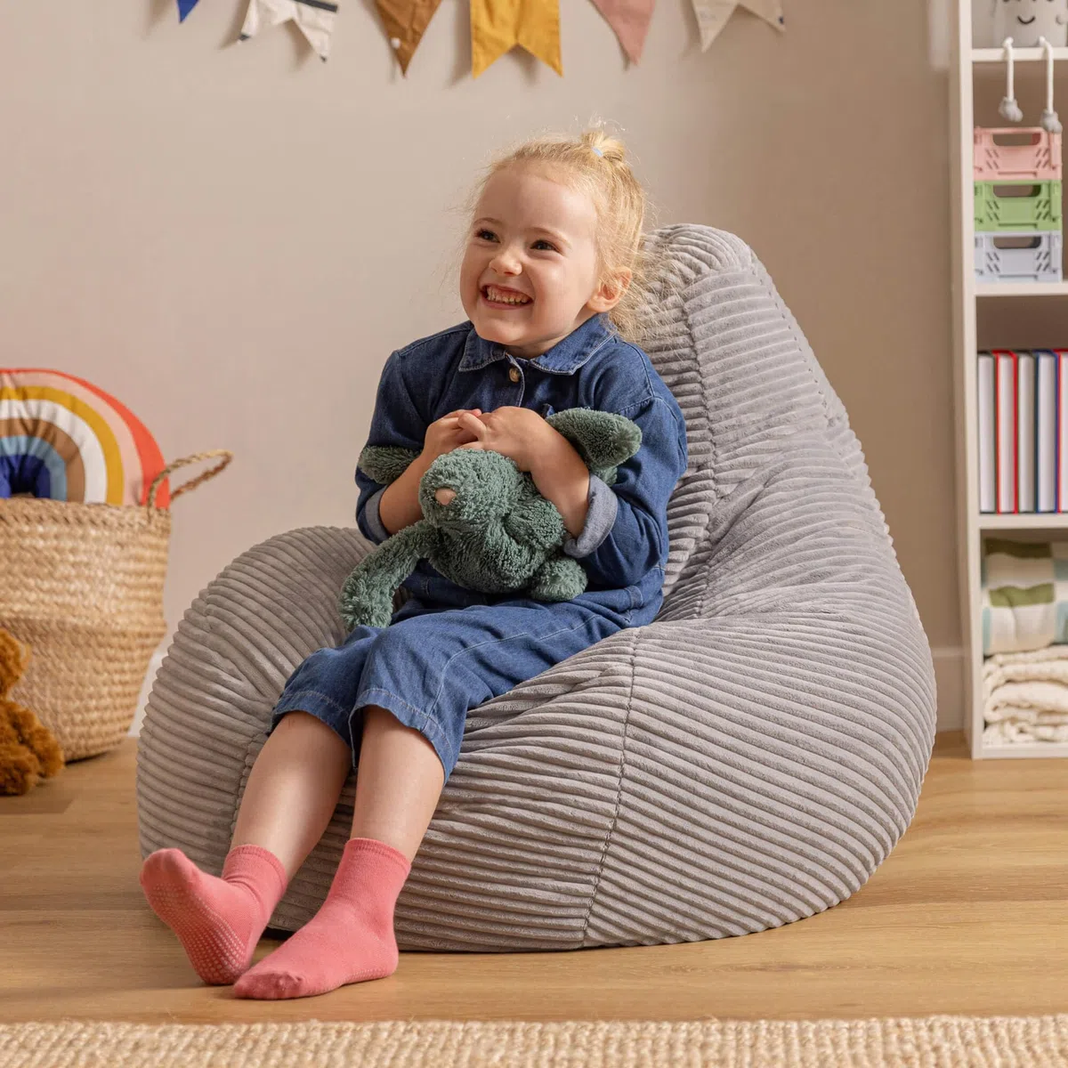 icon Dalton Pouf Bambini, Grigio, Velluto a Coste, Poltrona Sacco con Riempimento Incluso, Sedia Bambini, Mobili Camera da Letto