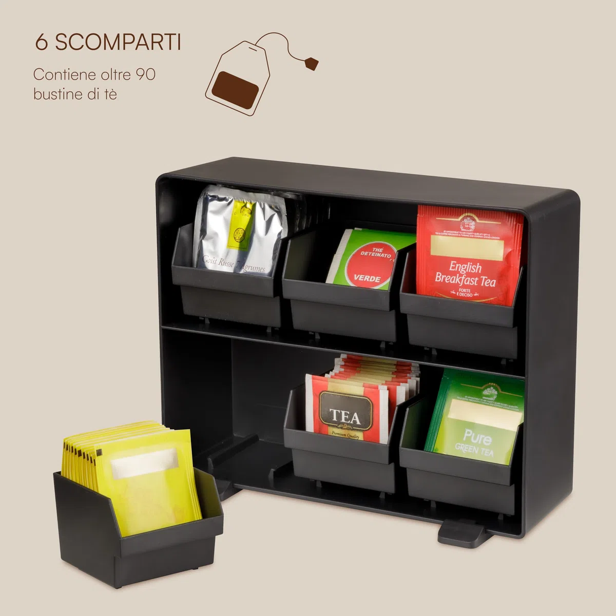 Baroni Home Organizer da Caffetteria in Plastica Resistente Porta Bustine di Tè, Organizzatore in 6 scomparti per +90 bustine tè, Design Funzionale e Facile da Pulire, 26x8x6 cm, Nero
