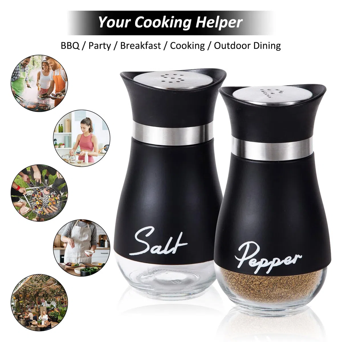 Saliera e Pepiera, 2 pezzi Set Sale e Pepe, 100 ml, Saliera in Vetro e Inox Spargispezie, Barattoli di Spezie