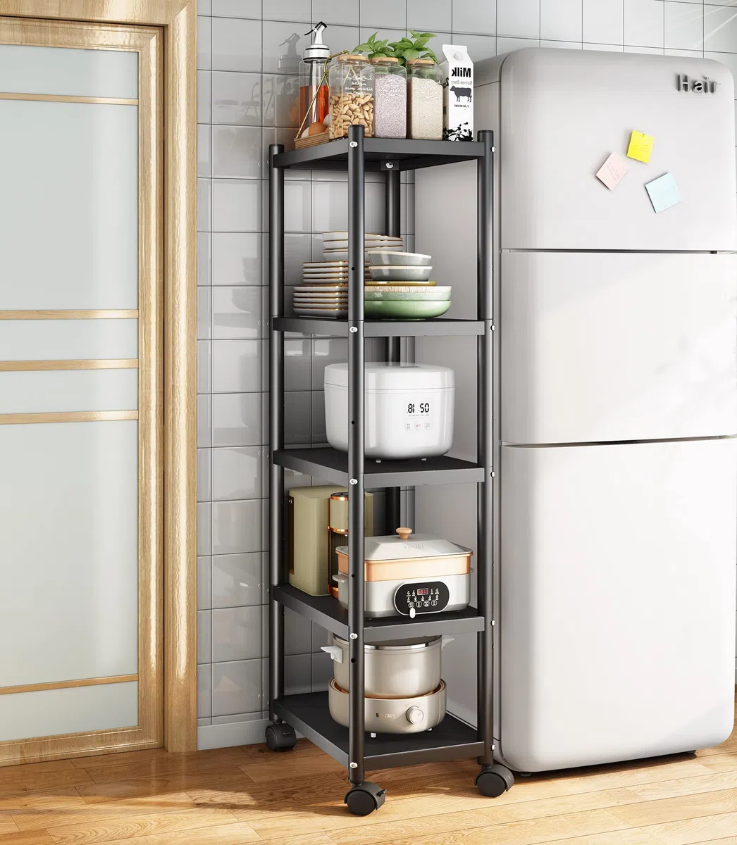 SAYZH Scaffale a 5 ripiani, in metallo resistente, multifunzione, con ruote e piedini antiscivolo, per garage, cucina, ufficio, libreria, angolo, nero