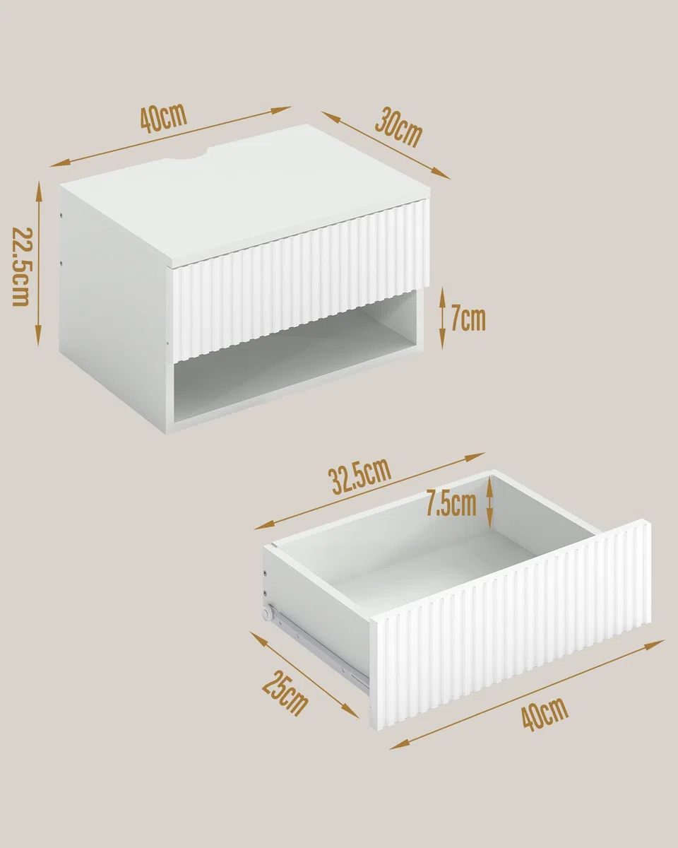 Set 2 Comodini Sospesi Bianchi Comodini da Parete con Cassetto e Vano Aperto Comodini Moderni per Camera da Letto Effetto RGB Decorativo 40 x 30 x 22,5 cm