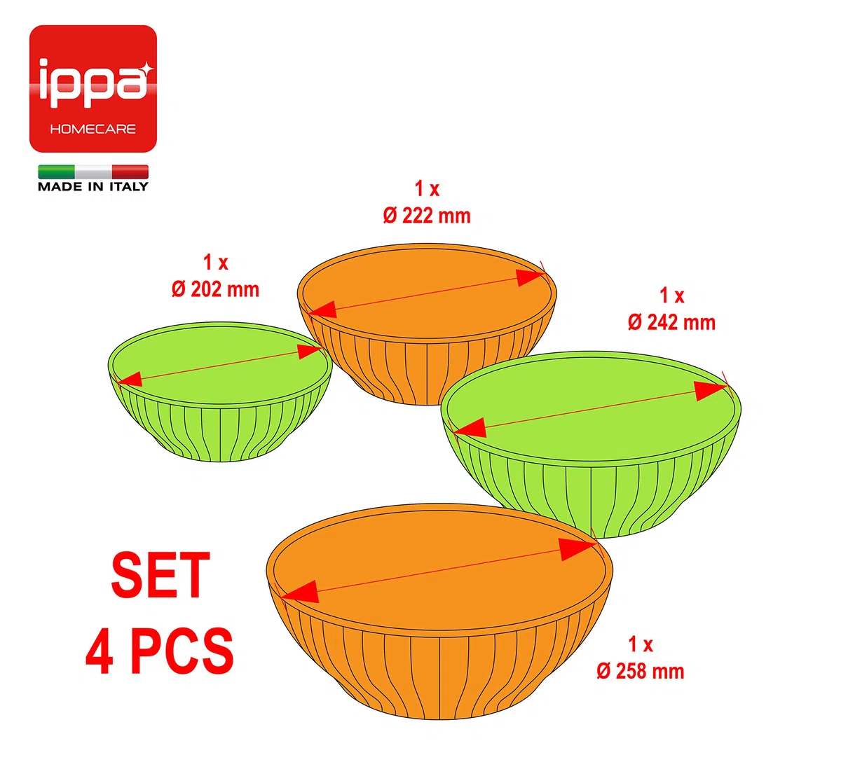 Set 4 Insalatiere in Plastica Modello Trento. Made in Italy. Perfette in Cucina e Campeggio.