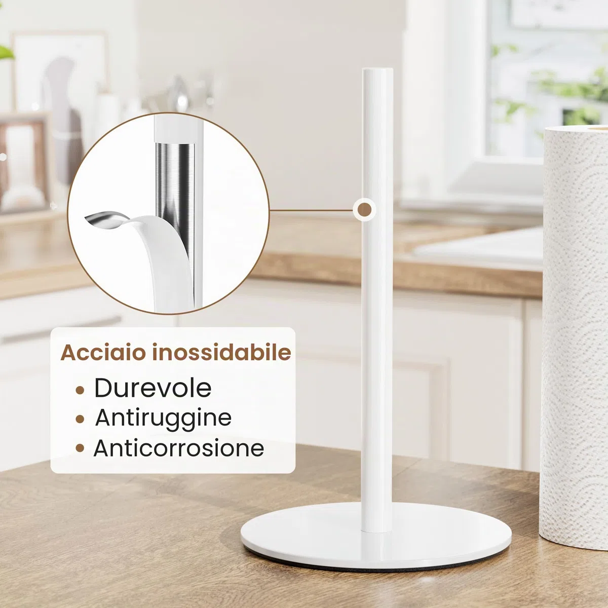 Portarotolo da cucina bianco in piedi, porta rotolo di carta igienica, organizer da cucina in acciaio inossidabile, porta rotolo di carta da cucina con base pesante