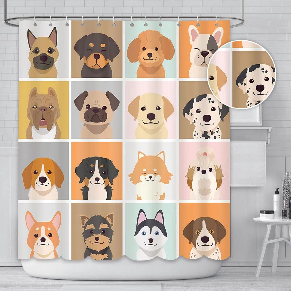 AIBIIN 180x180cm Animale Cane Tenda da Doccia Carino Divertente Colorato Scacchi Pittura Tende Da Bagno Durevole Tessuto Impermeabile Vasca Da Bagno Decorazione Domestica con 12 Ganci