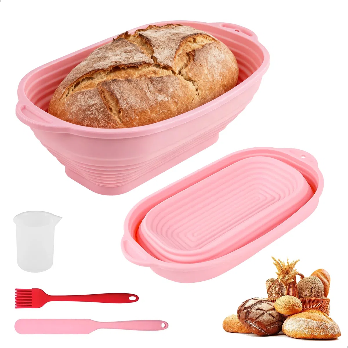 Cestino Pane,Cestino Lievitazione Panein Silicone di Alta Qualità,2 Porta Pane da Cucina Ovali con Spazzole,Spatole e Misurini per Panificatori Professionisti e Casalinghi