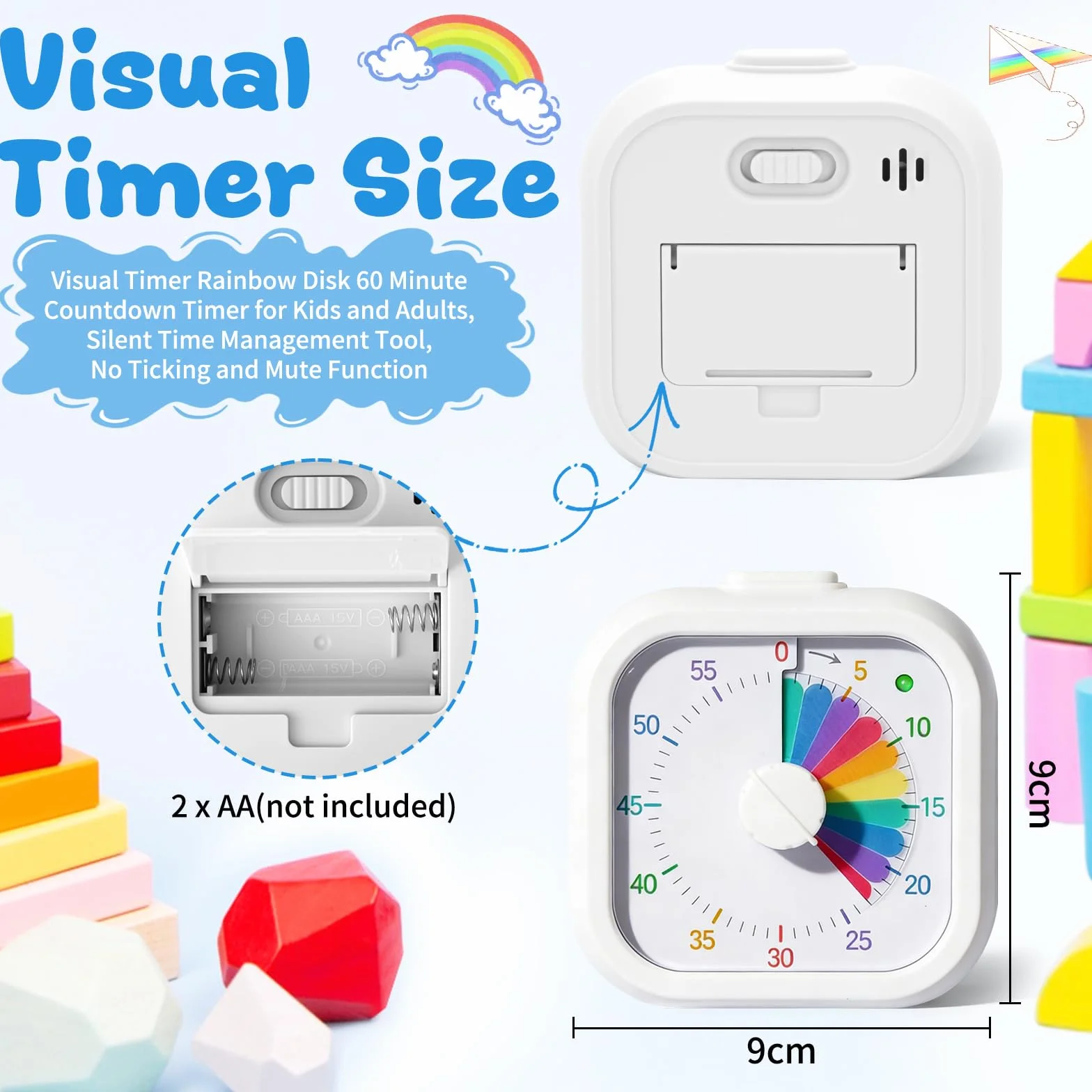 Timer Visivo Rainbow, Timer con Conto Alla Rovescia da 60 Minuti| Funzionamento silenzioso con allarme opzionale | Ideale per aule scolastiche studio cucina ufficio domestico e gestione del tempo