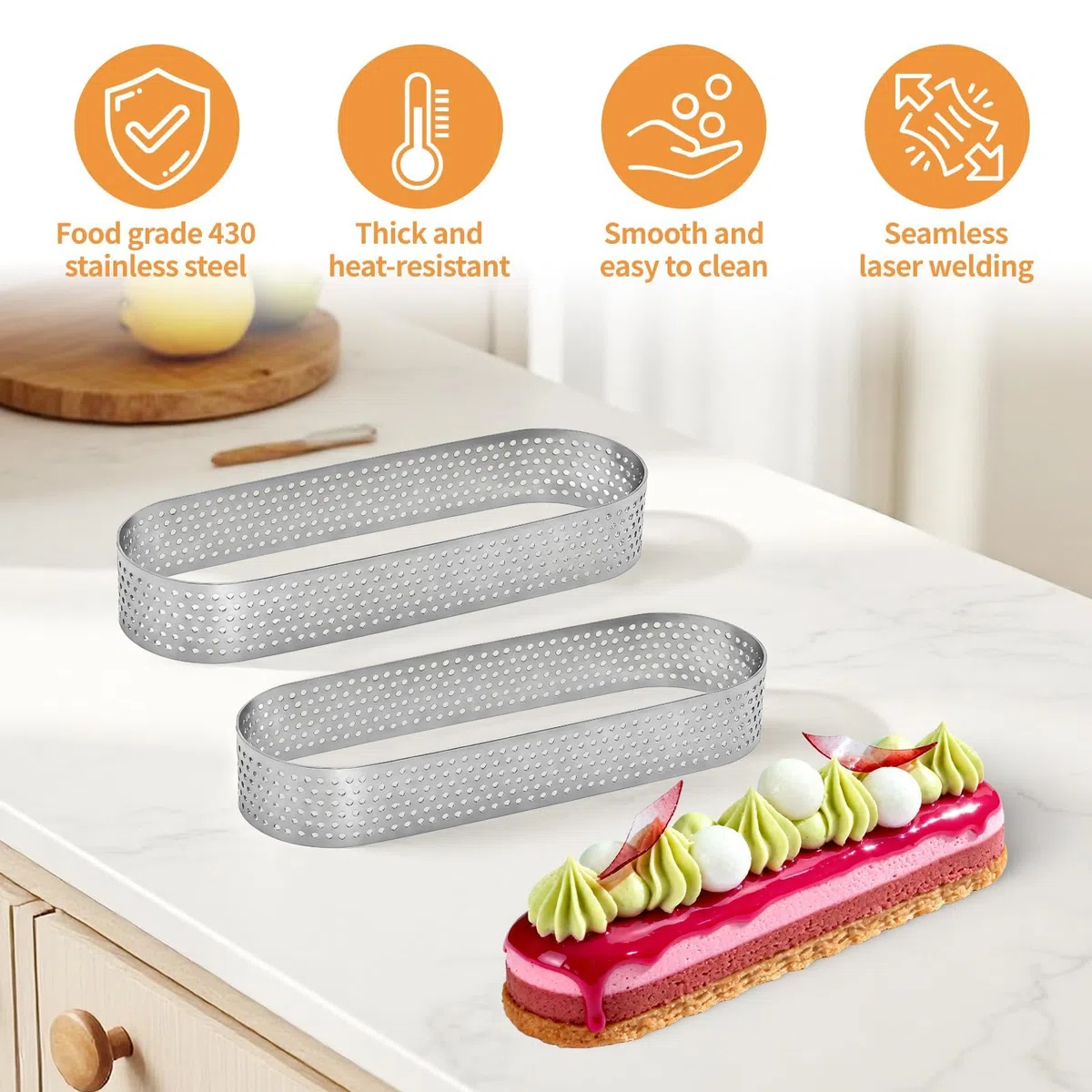 Set di 6 anelli per torta in acciaio inox, ovali, 13 x 4 x 2 cm, resistenti al calore, perforati per mousse, torte, tortine e dessert, durevoli, antiaderenti, ideali per idee creative