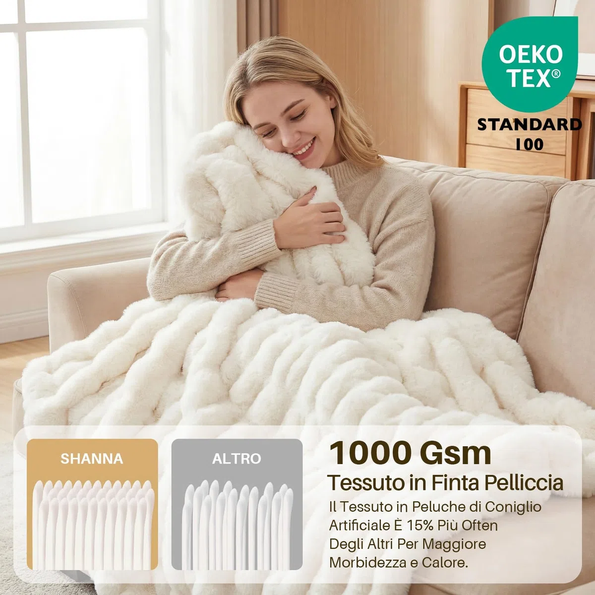 Coperta Plaid Super Morbida Pile Peluche di Coniglio Caldo e Spesso 130 x 160 cm, 1000 g/m² Divano Coperta Fluffy di Alta Qualità, Versatile Coperta Matrimoniale per Camera da Letto Viaggi, Bianco