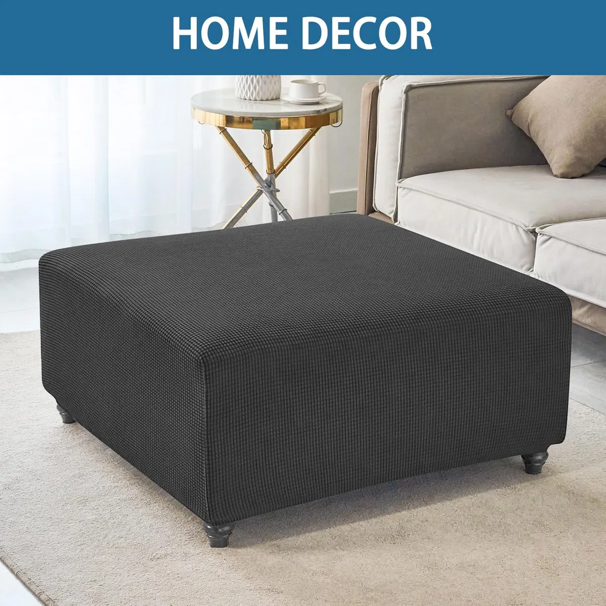 Fodera per Pouf Quadrato Elasticizzato Fodera per Pouf In Tessuto Protezione per Sgabello con Fondo Elastico Copri Poggiapiedi per Pouf Divano Decorativo (Beige 55X55 cm)