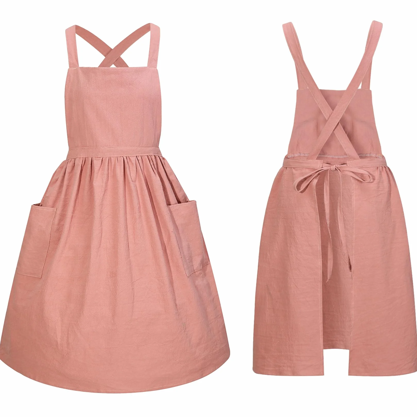 Grembiule Abito con Spalline Incrociate per Donna e Bambina, Grembiule da Chef Vintage in Cotone con Balze e Tasche, Legature Lunghe per Cucina, Giardinaggio, Pittura, Forno e Servizio