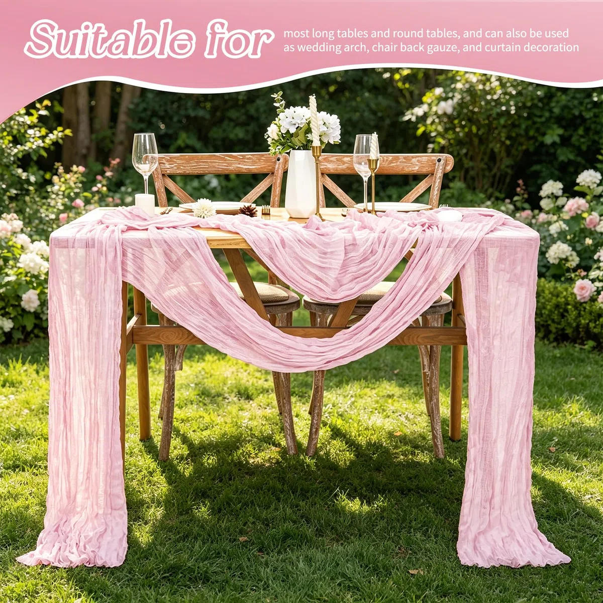 Confezione da 4 runner da tavola rosa, 45 x 275 cm, runner da tavola in garza boho, per tavolo da pranzo, runner da tavola in tessuto velato rustico per feste di matrimonio