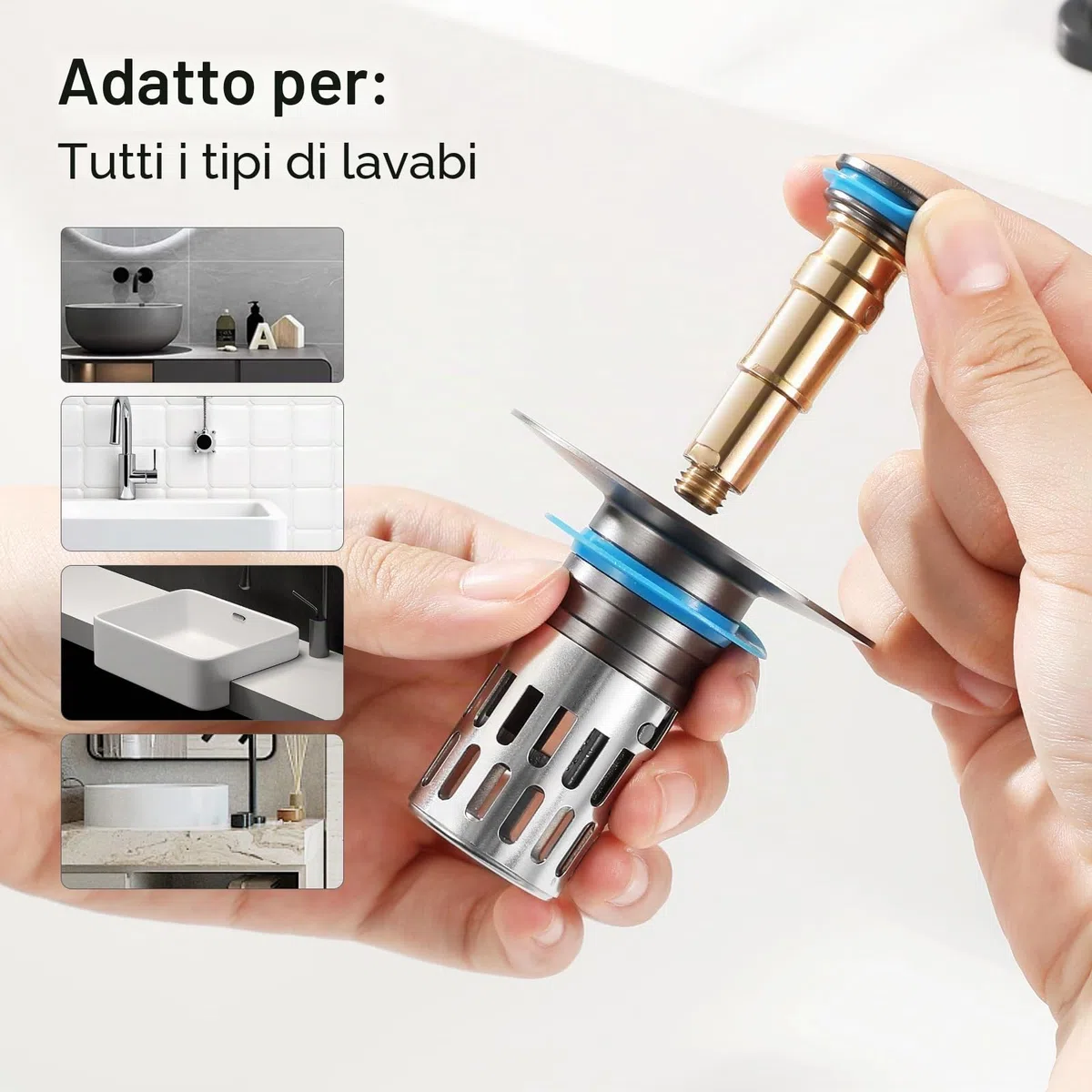 Tappo di ricambio universale per lavello da bagno, filtro pop up per scarico del lavandino, in ottone massiccio, silenzioso, tappo a pressione silenziosa, in acciaio inox, cestello filtro rimovibile