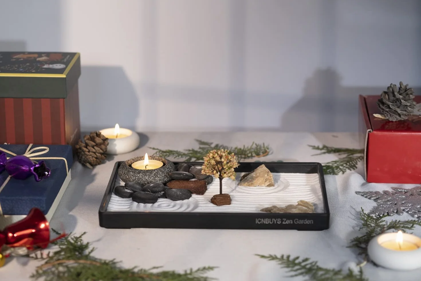 Set di portacandele in ciottoli da giardino Zen fatto a mano con attrezzi da giardino Zen, sabbia, vassoio base e accessori gratuiti