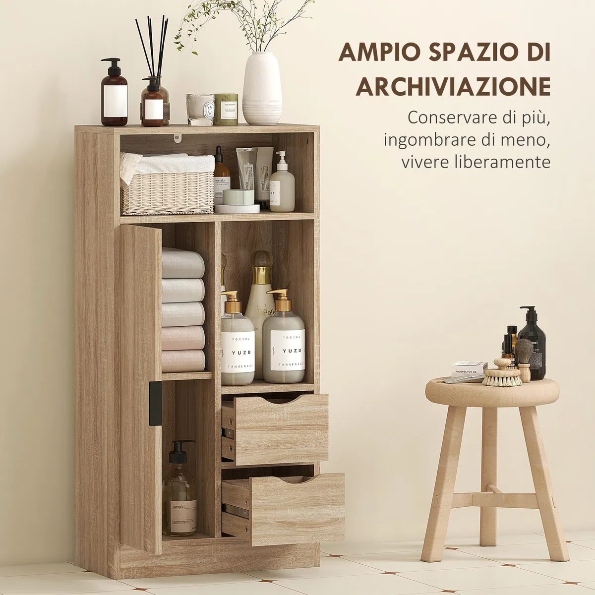 HOMCOM Mobiletto Bagno Salvaspazio Slim, Mobile Bagno con 2 Cassetti, Ripiani Regolabili a 3 Livelli e Armadietto, Stile Nordico, 50x25x100 cm, Legno Naturale