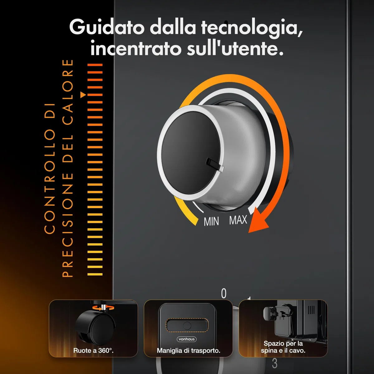 VonHaus Radiatore a Olio Elettrico 9 Elementi – Stufa ad Olio Portatile da 2000W, per Casa, Ufficio, Stanze – Termostato Regolabile, 3 Livelli di Calore, 4 Ruote, Cavo da 1,5 m (Nero)