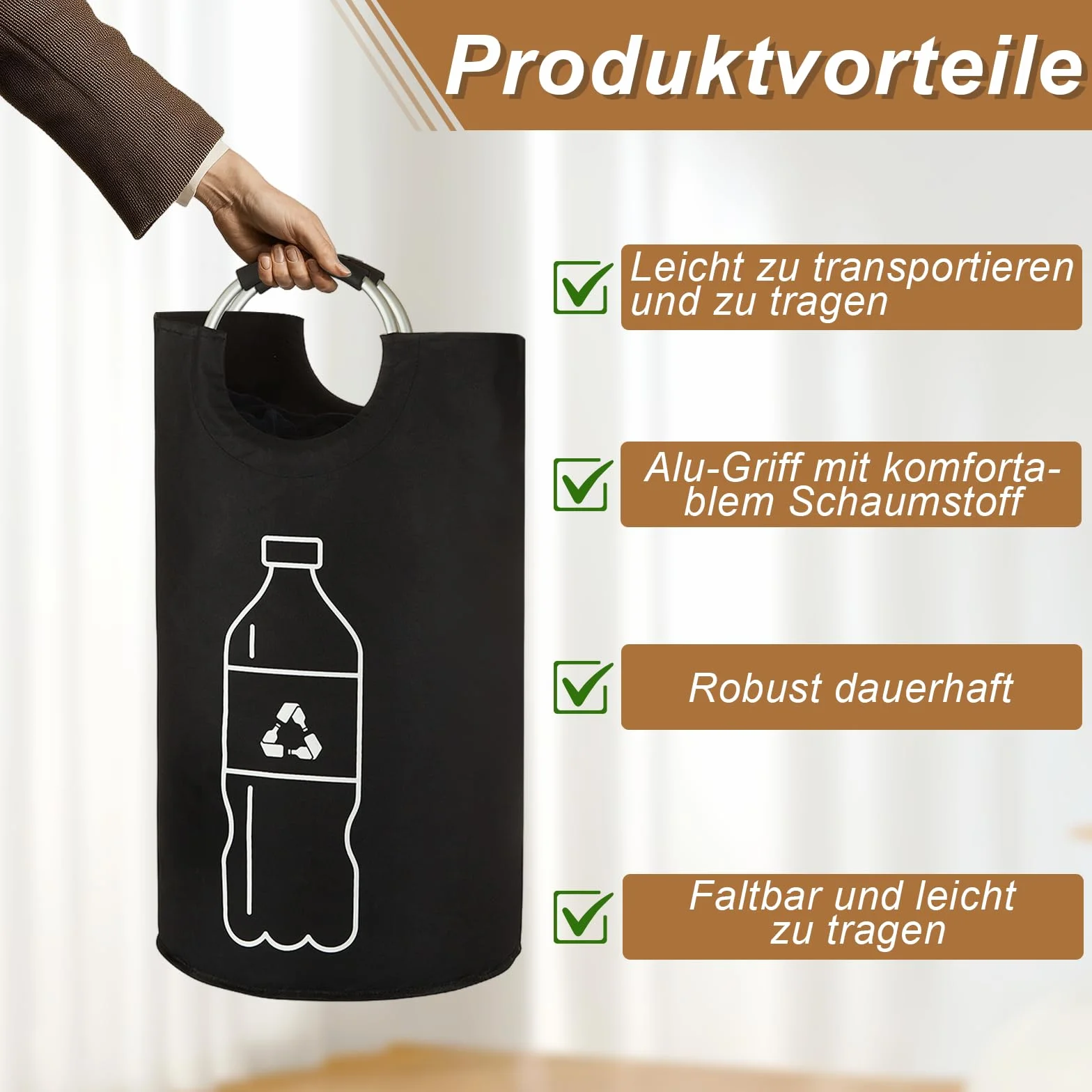 Raccoglitore di Bottiglie 115L, Pattumiera Differenziata per Carta Plastica Vetro, Contenitore Cucina con Manico in Alluminio—Nero