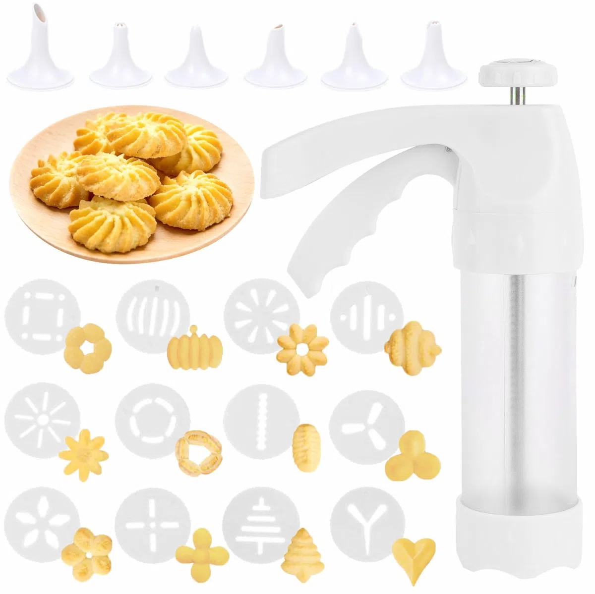Pressa Biscotti,Pistola Sparabiscotti,Siringa per Dolci Professionale,Pistola per Dolci con 12 Dischi Biscotti, 6 Ugelli Siringa,Sparabiscotti per Preparazione Fai da Dolci e Decorazioni Torte