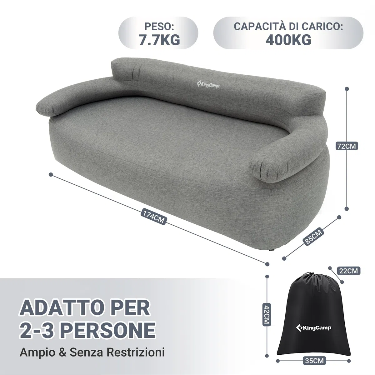 KingCamp Divano Gonfiabile ad Aria 2 Posti, con Pompa a Pedale, Alta Qualità Robusto, Copertura Esterno in Tessuto Rimovibile Lavabile, Adatto per Campeggio, Casa, Giardino, Festival Musicale ecc.