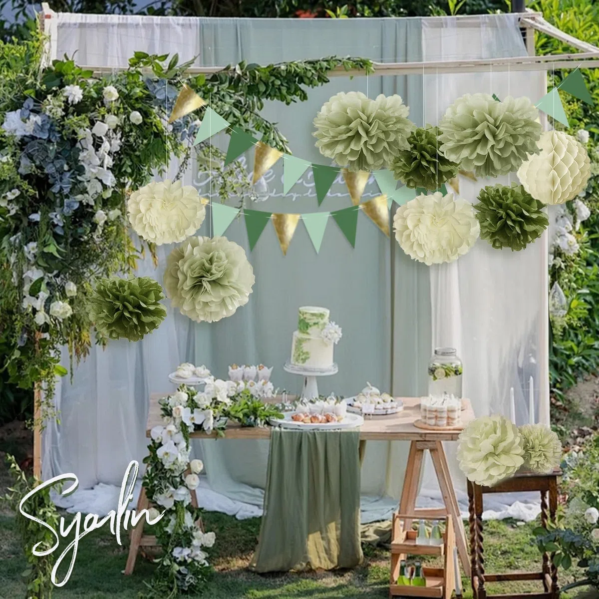 Syoulin Fiori di Carta Giganti [15Pezzi] - Decorazioni per Matrimonio, Battesimo, Compleanno, Giardino - Pon Pon in Carta Velina Floreale per Feste