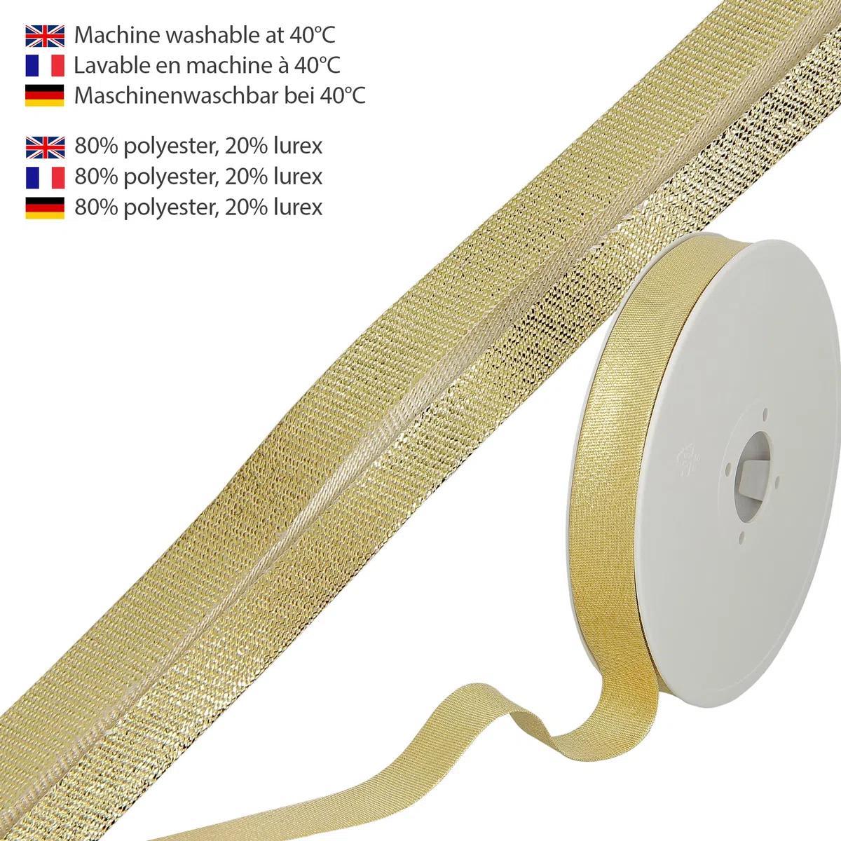 Nastro sbieco metallizzato luccicante, 80% Poliestere 20% Lurex, 20mm x 20m, Oro