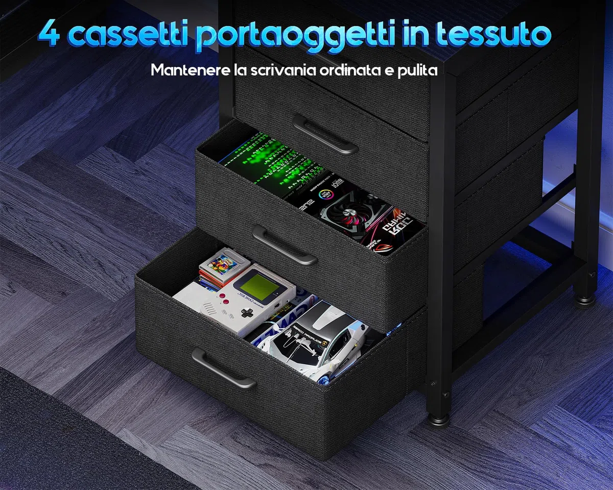 Coleshome Scrivania Gaming con LED, 130 x 100 cm Reversibile Tavolo Gaming con Cassetti e Prese, Scrivania Angolare con Ripiani e spazio di archiviazione, Nero