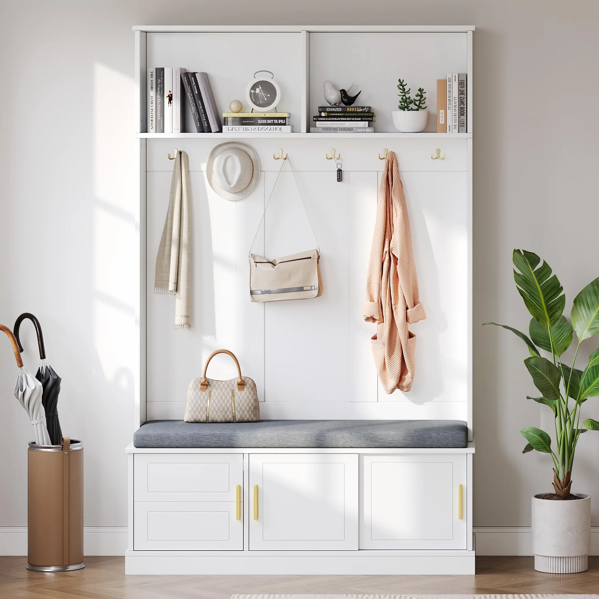 Appendiabiti con panca per scarpe, guardaroba, 6 ganci tripli, indipendente, salvaspazio, per ingresso, corridoio, 120 x 40 x 191 cm (bianco)
