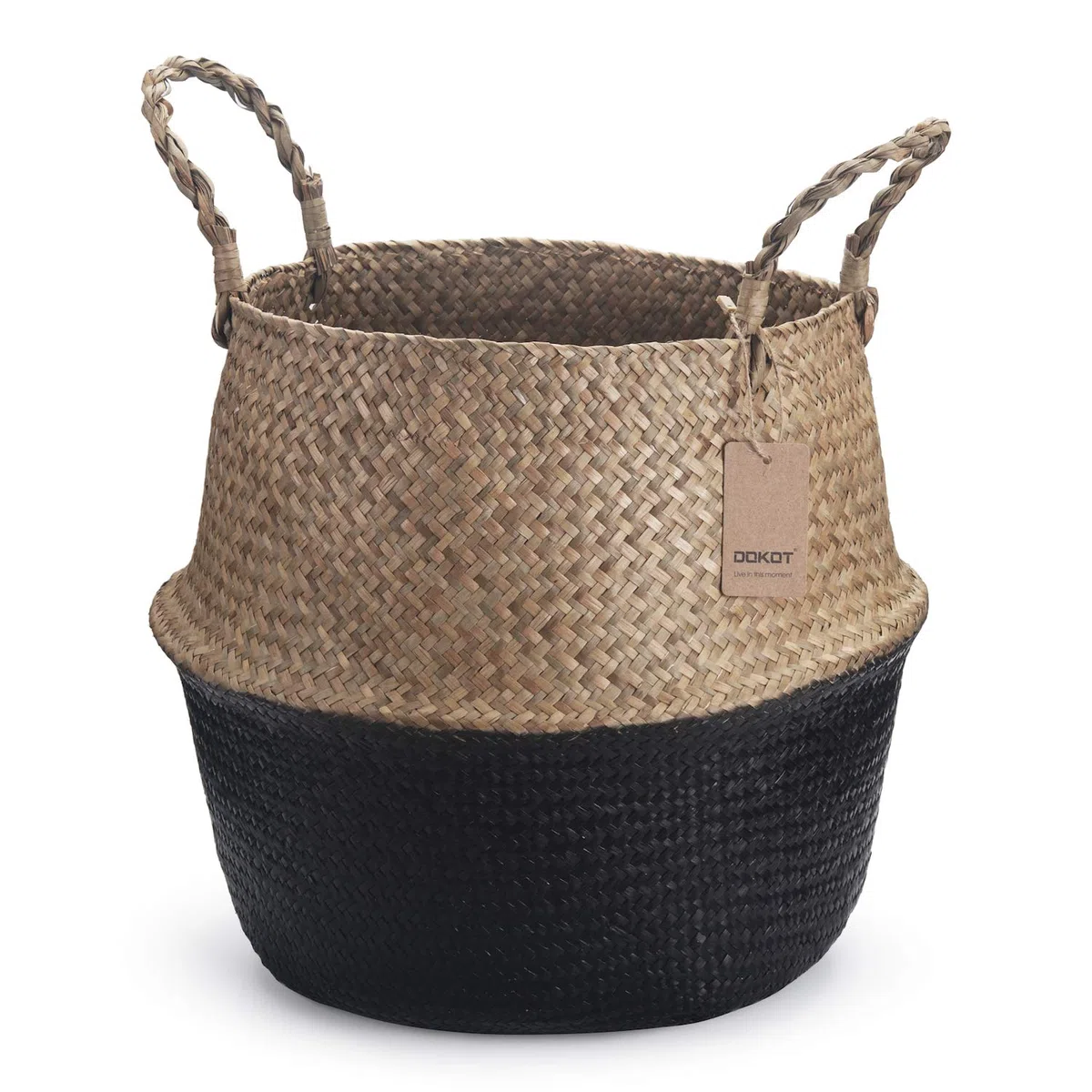 DOKOT Cesto Vimini Naturale Seagrass con Manico Ceste per Piante Cestini Portaoggetti Cesti Portabiancheria per Bagno (Nero)