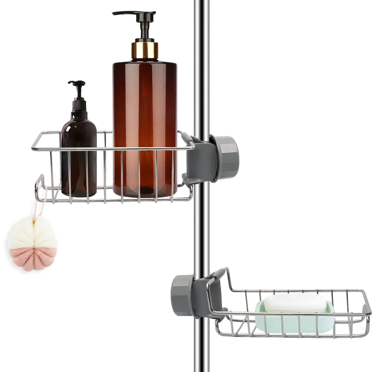 Mensole per Doccia senza Foratura 2 Pezzi, Portasapone Doccia in Acciaio Antiruggine, Porta Sapone Doccia Spugna Lavandino Cucina, Portaoggetti Bagno, Adatto per Asta della Doccia 18mm-27mm