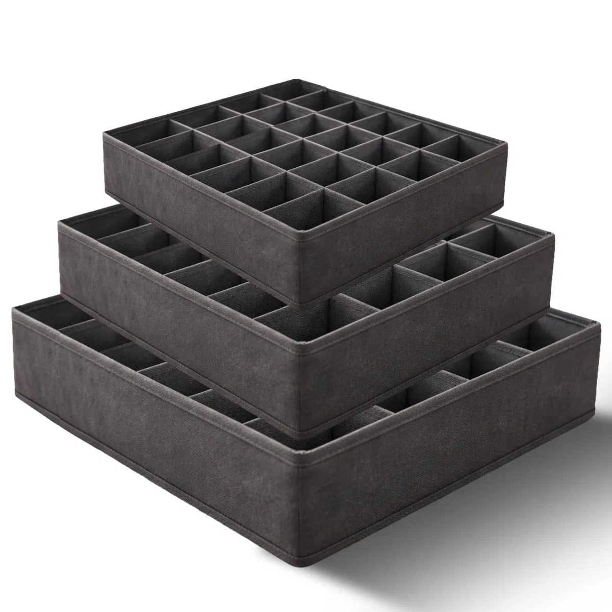 3 Pezzi Organizer Cassetti Biancheria - Divisori per Cassetti in Tessuto Pieghevoli - Set Salvaspazio da 64 Scomparti (2x24+1x16) per Armadio e Guardaroba - per Intimo, Calze, Cinture e Accessori