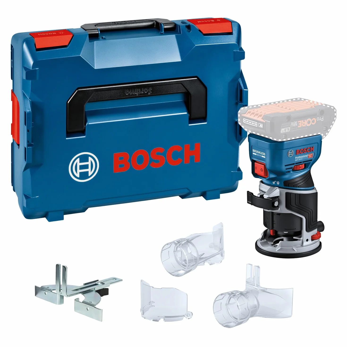 Bosch Professional 18V System Rifilatore a batteria GKF 18V-8 (incl. guida parallela, 2 adattatori aspiratore rifilatura, protez. trucioli, pinza 8 mm, chiave, L-BOXX, senza batteria/caricabatteria)