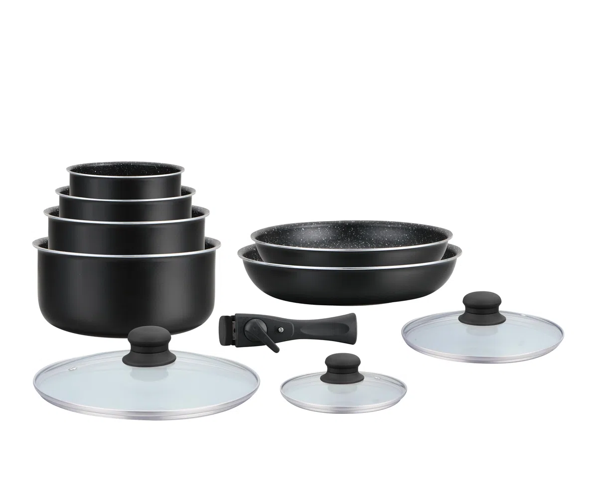 HAGEN, Pentole con rivestimento in pietra, Manico rimovibile, 10 pezzi, Nero, Rivestimento antiaderente, Tutti i bruciatori, induzione inclusa, HA04630