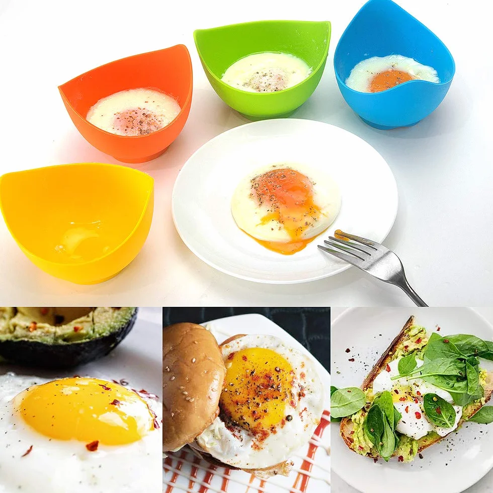 Silicone egg poacher – Confezione da 4 bicchieri in silicone per uova in camicia con supporti ad anello, cuociuova in camicia per microonde o piano cottura con spazzolino per olio extra, senza BPA