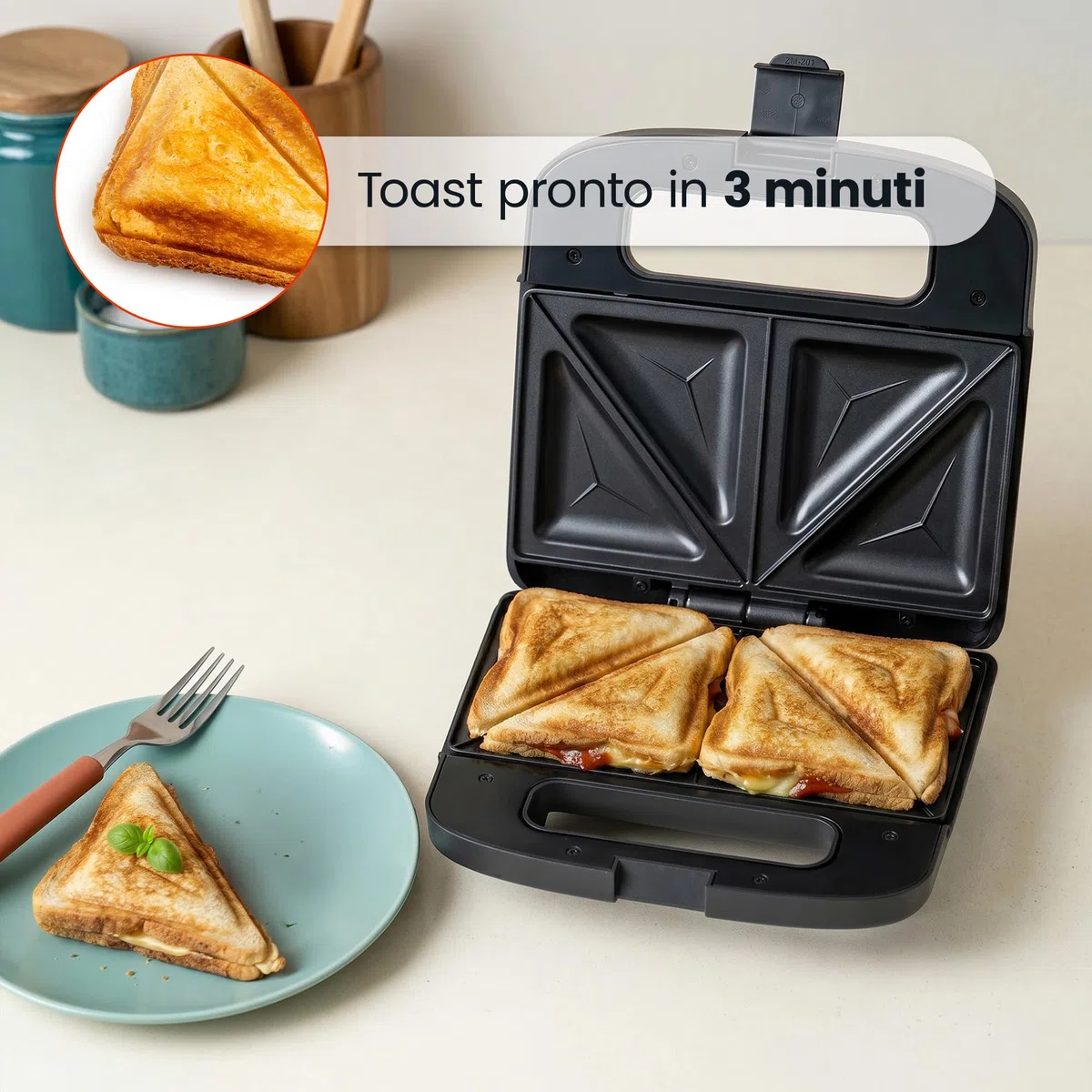 EasyBite Tostiera Elettrica Sandwich Maker 1000W, Piastre Triangolari Antiaderenti, per 2 Sandwich, Nero