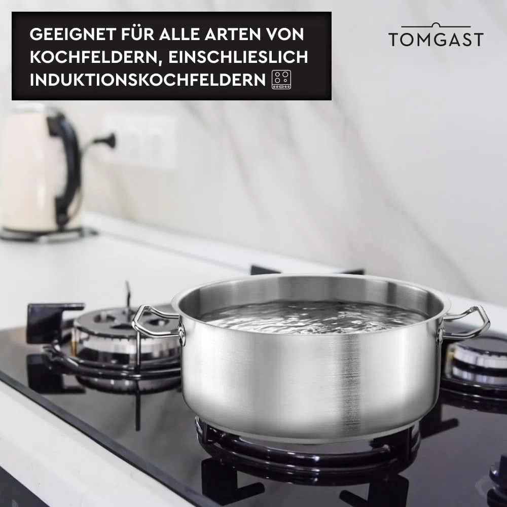 Tegame TOMGAST Diametro: 28 cm Altezza: 12 cm Capacità: 7 l | Acciaio inossidabile 18/10 | Spessore delle pareti da 1 mm a 1,2 mm | Fondo in alluminio-acciaio battuto | Induzione