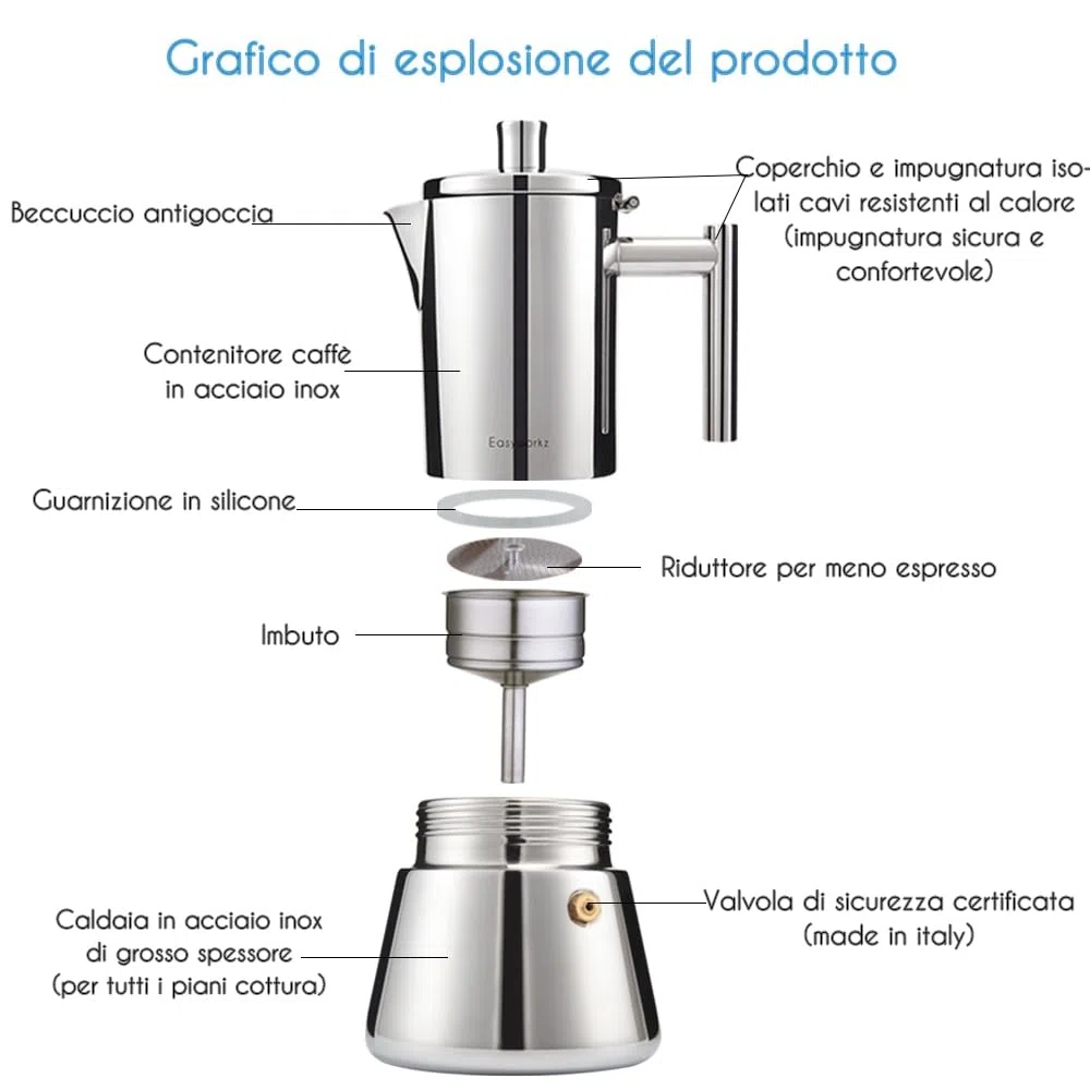 Easyworkz Diego Caffettiera Macchina per Espresso Italiana in Acciaio Inox 4 Tazze,200 ml, per fornello