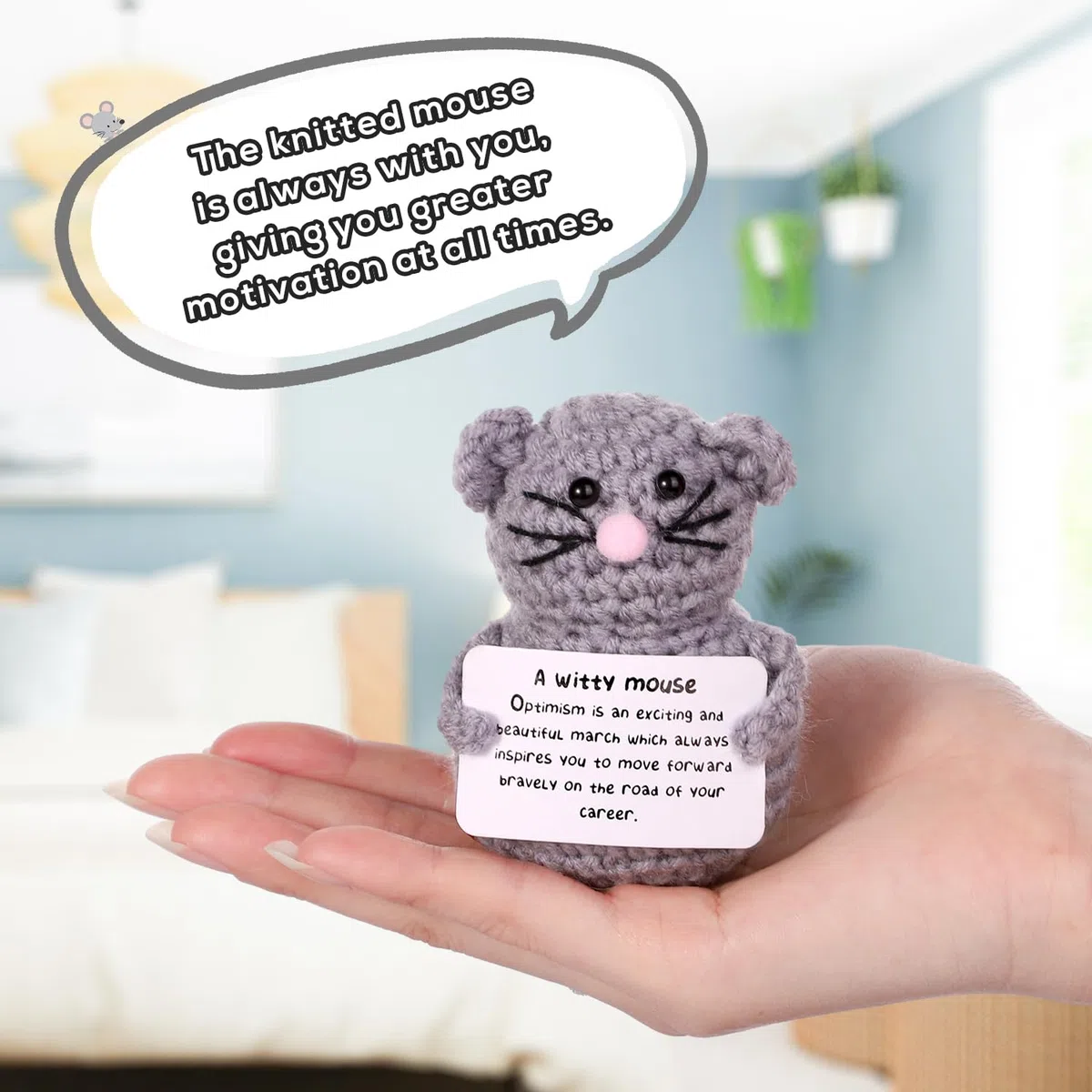 Topo Divertente Positivo, Bambola di Topo Lavorata a Maglia Carina Creativa da 8cm con Carta Ispiratrice Topo all'Uncinetto per Peluche Regalo di Compleanno Decorazione per Feste Incoraggiamento
