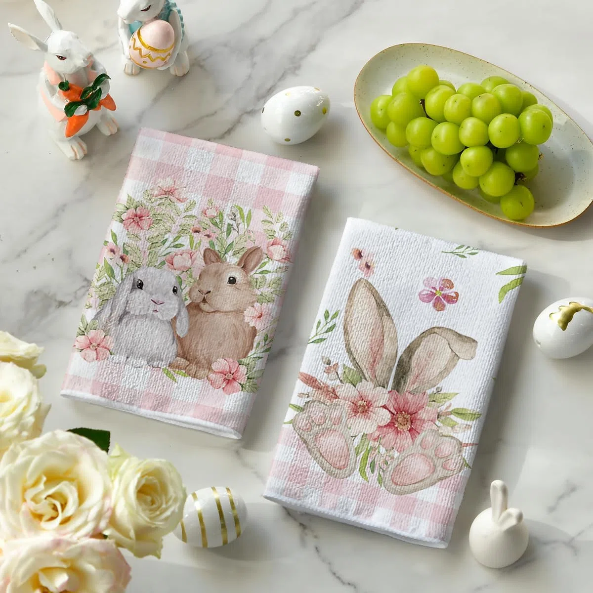 Artoid Mode Set di 2 asciugamani da cucina rosa a quadri di bufalo fiori coniglio pasquale, 42 x 65 cm, decorazione primaverile