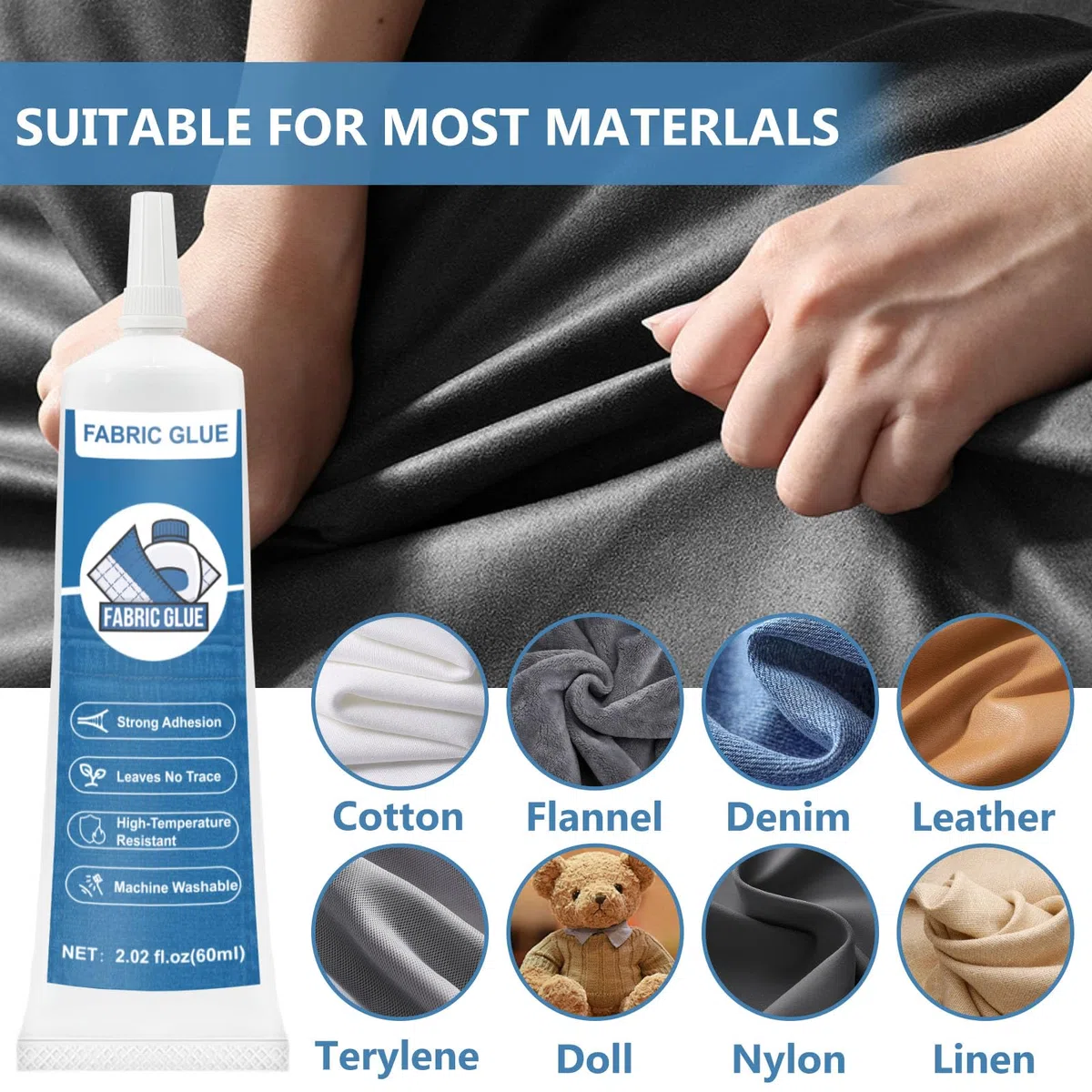 Colla per tessuti non necessaria cucitura, resistente all'acqua, auto-adesiva per cotone, flanella, denim, poliestere